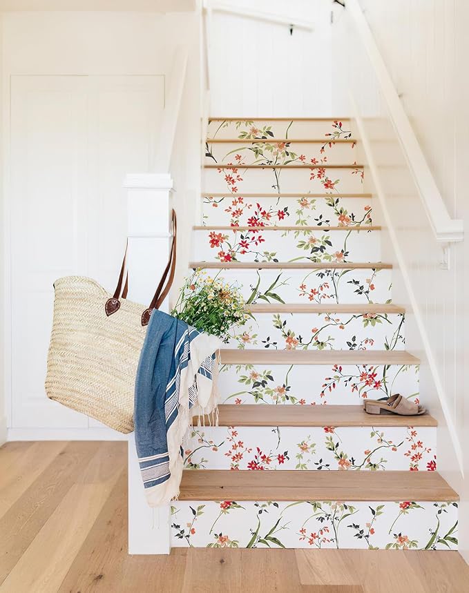 Floral Peel and Stick Wallpaper Self Adhesive Hydrangea Wall Paper French Country Cream Stick on Wallpaper for Bedroom Wall Decor Elegant Mural (Red, 196.85" X 17.4") - Image 6