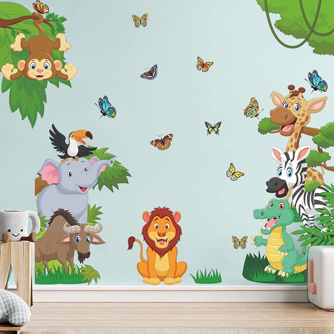 Supzone Jungle Animals Wall Stickers Forest Animals Wall Decal Elephant Monkey Giraffe Lion Wall Decor DIY Vinyl Mural Art for Kids Baby Nursery Bedroom Living Room Playroom by Supzone