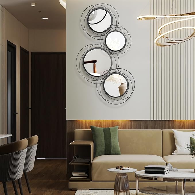 Hicarer 4 Pcs Decorative Round Modern Circle Mirror Wall Art Ring Metal Mirror Wall Mounted for Bedroom, Living Room, Entryway, Dining Room, Hallway (Black) - Image 5