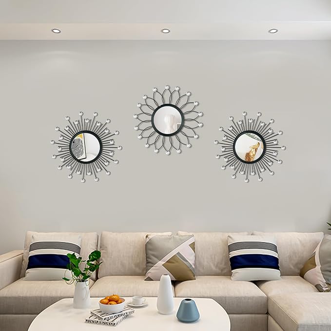 3 Pack Metal Mirrors for Wall Sunburst Wall Mirrors Home Décor Decorative Hanging Wall Art for Living Room Bedroom Entryway (Black Crystal, Flower+Sunburst) - Image 6