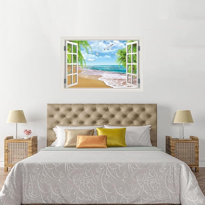 Fake Window Wall Decal- Summer Beach Ocean Coconut Trees Open Art Sticker | Faux Window Natural Scenery Landscape Mural｜ Stick and Peel Wall Decals｜Room Bedroom Office Decor｜Large Murals 66"x48" - Image 4
