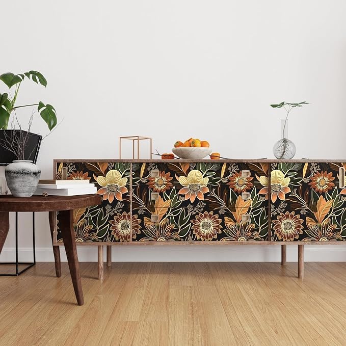 Laatse Boho Dark Black Gold Floral Wallpaper Peel and Stick 17.5"x197" | Self Adhesive/Removable/Waterproof/Thick Vinyl Contact Paper for Bathroom Bedroom Shelf Cabinet Drawer,Prepasted,Easy Peel - Image 7