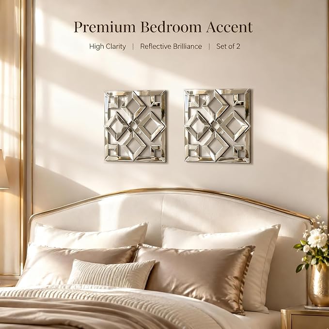 Square Decorative Wall Mirror 12 x 12 Inch, Silver Frameless Mirror Wall Decor with Beveled Edge, Modern Wall Mounted Accent Mirror for Living Room, Bedroom, Hallway, Set of 2 - Image 5