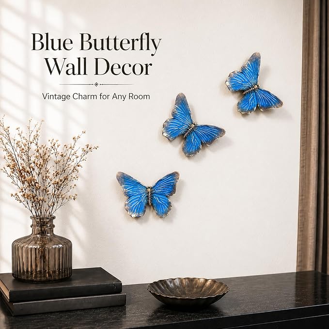 GUSFREUD 3D Butterfly Wall Decor Set – Resin Wall Decor for Living Room, Bedroom, Bathroom, Dining Room, Outdoor and Gallery Walls - Antique Blue - Set of 3 - Image 2