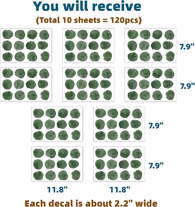 120pcs 2.2'' DarkGreen Polkadots Wall Decal Watercolor Wall Sticker | Removable, waterproof, vinyl peel and stick wall art for nursery, baby room, classroom, preschool, living room, and playroom - Image 3