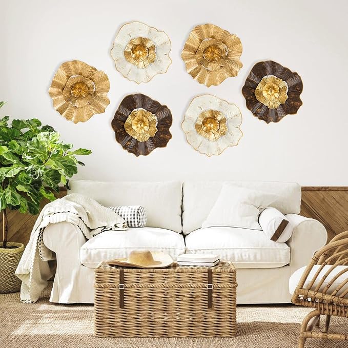 Briful 12" Gold Wall Décor Pack of 3 Metal Flower Plate Wall Art Modern Accent Hanging Wall Decorations For Home Office Bedroom Or Living Room Wall Sculptures - Image 2