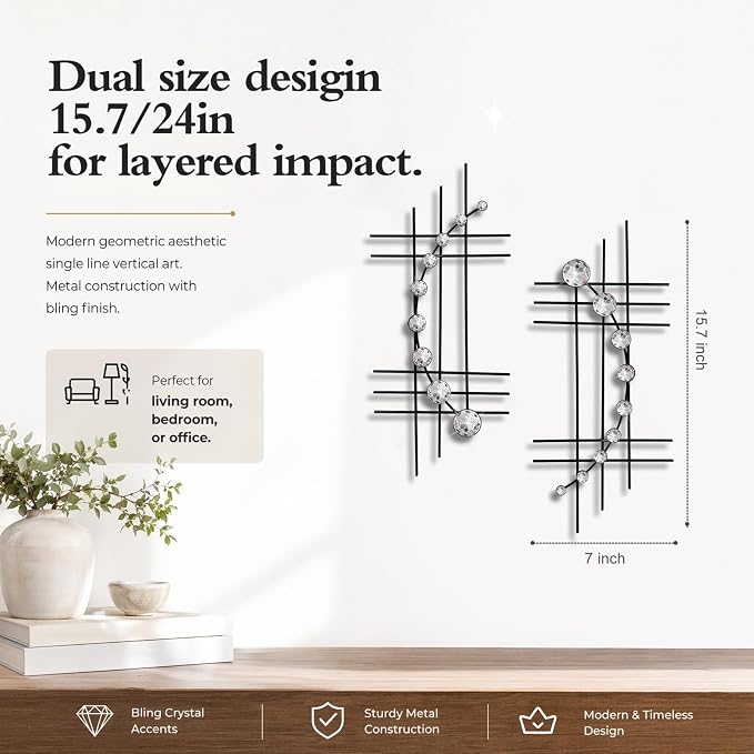 ZEXUIRU 2 Pcs Abstract Metal Art for Wall Decor Living Room Bedroom Bathroom Office Metal Bling Modern Geometric Hanging Vertical Small Iron Sculpture Plaque Pack -Black 15.7in - Image 3