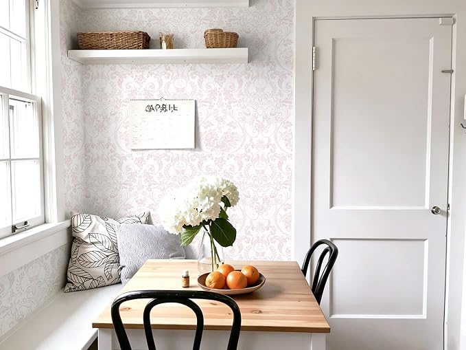 Peel and Stick Wallpaper for Bedroom Pink Damask Floral Self-Adhesive | 393"×17.3" White & Pink Vintage Scroll Removable Waterproof Vinyl Wall Decor for Bathroom, Nursery, Furniture Refinish - Image 5