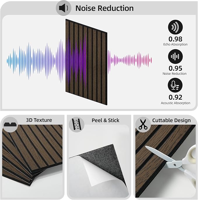 WADILE 8 Pack Self Adhesive Acoustic Wall Panels in Wood Look 11.8"x15.7" | Soundproofing PVC Slats on Felt, Decorative Wall Panels for Living Room & Bedroom Accent Wall - Image 2