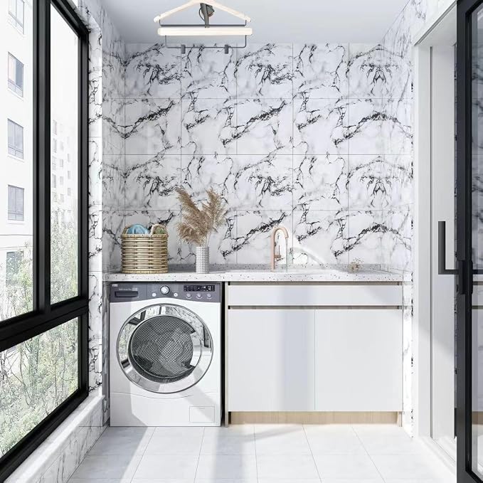 20pcs Ink White Marble Peel and Stick Shower Wall Panels 11.8"x11.8" | (Total 19.4 Sq.Ft.) Waterproof,Backsplash Tile,Stick on Wall,for Bathroom,Bedroom,Kitchen,Entryway - Image 9