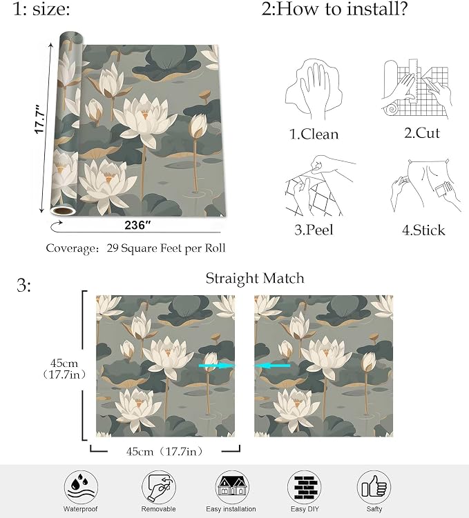 Lotus Flower Peel and Stick Wallpaper, Elegant Asian Botanical Water Lily Design (Gray-Green) Classic Plants for Home Decor | 17.7" x 236", Self-Adhesive, Waterproof Vinyl - Image 9