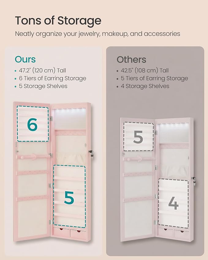 SONGMICS 6 LEDs Mirror Jewelry Cabinet, 47.2-Inch Tall, Lockable - Image 6