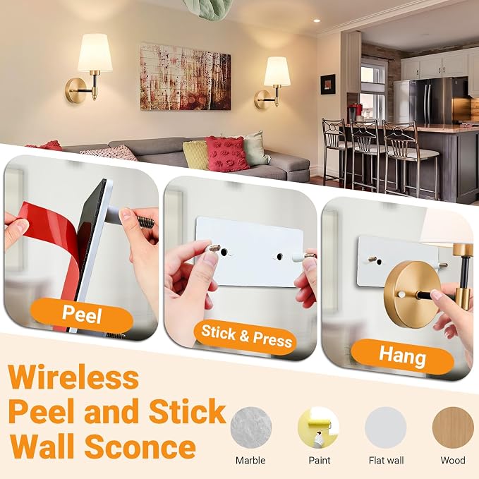 Nekhung Battery Operated Wall Sconce, Peel and Stick Sconces Set of 2 | Wireless Adhesive Stick On Wall Sconce, 10000mAh Rechargeable RGB Bulb with Remote, No Drill Wall Light for Bedroom Decor - Image 3
