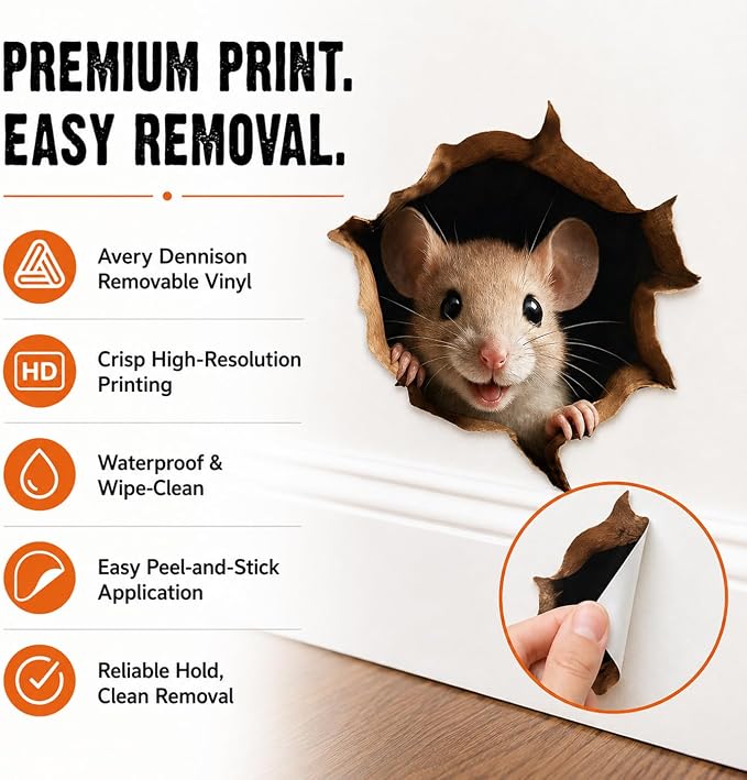 GRITKULTURE Removable Peek A Boo Mouse in Mouse Hole Decal Sticker 5.1inch 2 Pack. Mouse Hole in the Wall Sticker with 3D Effect. Wall Decoration, Funny Gift, Potty Training, Prank - Image 6
