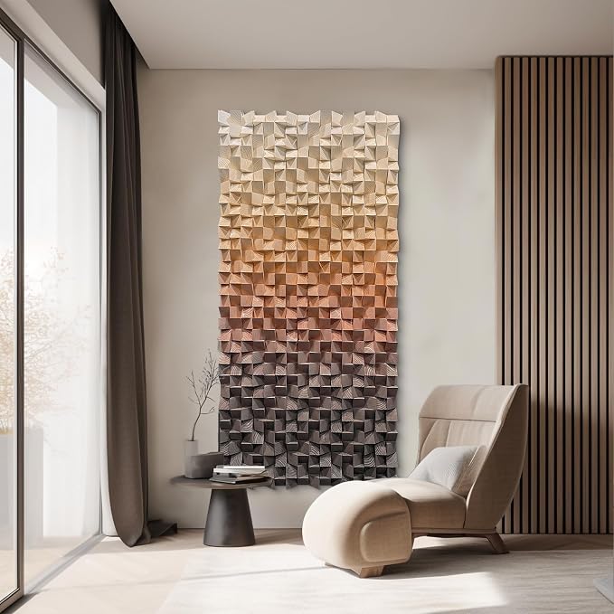 LIUZEYUE Large Textured Wood Wall Art Featuring Organic Cube Texture | textured wall art for hotel lobby; sand and dark brown, wood relief depth; hotel lobby neutral-tone backdrop; 35.4 x 70.9 in - Image 9