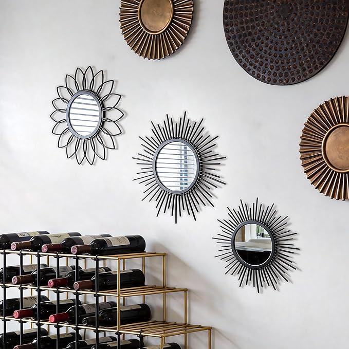 Set of 3 Black Metal Sunburst Wall Mirrors - 12" Round Decorative Art for Living Room Bedroom Bathroom Entryway, No Assembly Required, Rust Resistant Design - Image 4