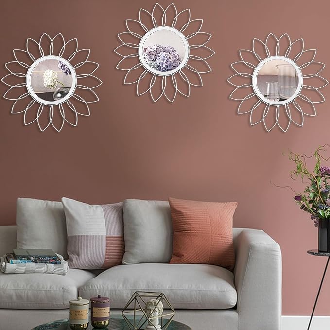 3 Pack Metal Mirrors for Wall Sunburst Wall Mirrors Home Décor Decorative Hanging Wall Art for Living Room Bedroom Entryway (Silver, Flowers) - Image 4