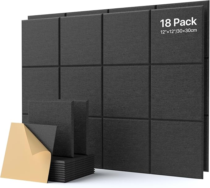 Soundsbay Self-Adhesive Soundproof Wall Panels 12"x12" Black 18 Pack | Square Acoustic Panels, 150kg/m³ High Density Covers 18 sq ft, Sound Proof Panels for Walls, Home Office, Bedroom by Soundsbay