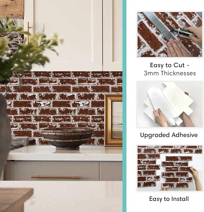 Commomy 3D Wall Panels Peel and Stick Faux Brick 10 Pcs 11.8" x 11.8" | Small Size Thin PVC Brick Wallpaper Tiles Backsplash for Kitchen,Bedroom,Living Room,Quick DIY Wall Decor(Covers 9.7 sq.ft) - Image 5