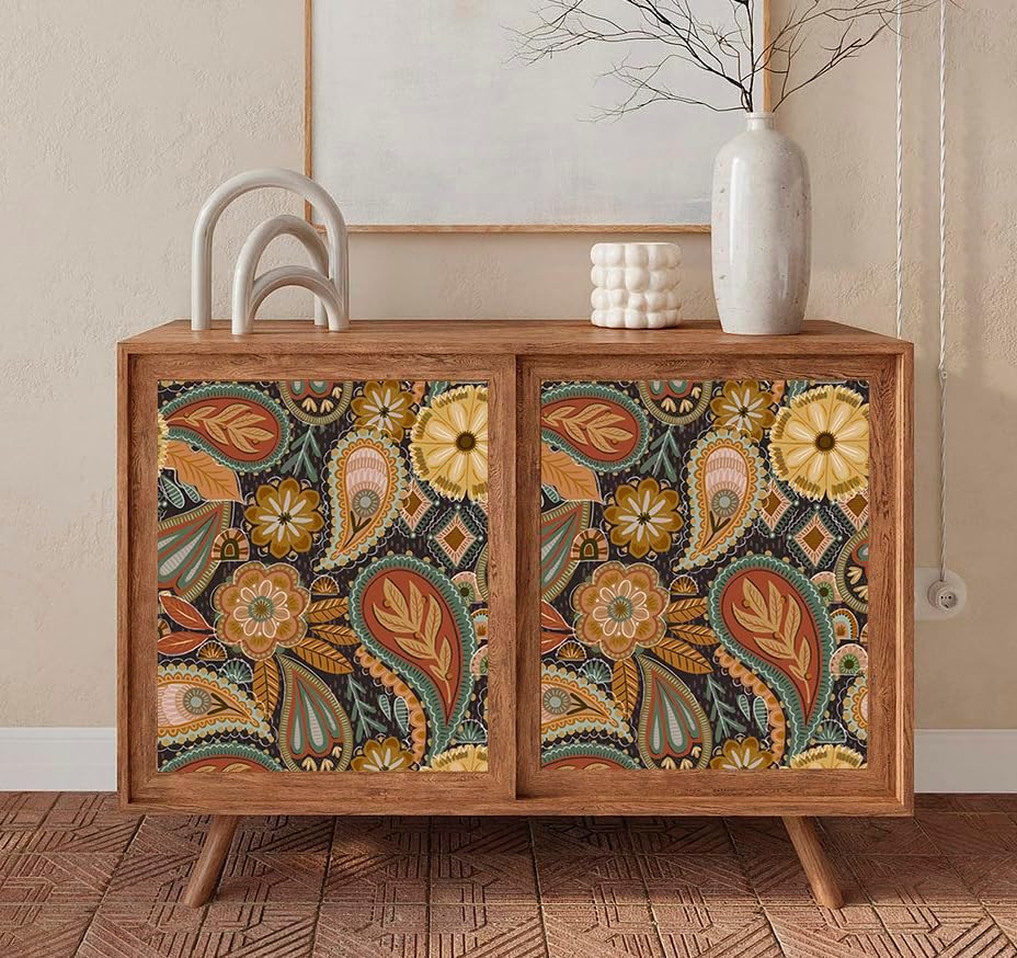 HAOKHOME Boho Peel and Stick Wallpaper Floral Paisley Brown/Yellow/Terracotta Renter Friendly Removable Wall Paper for Bedroom Decor 17.3in x 9.8ft - Image 6