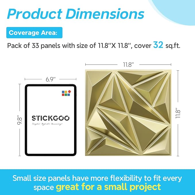 STICKGOO Diamond 3D Wall Panels, Champaign Gold, 12''x12'', 33 Pack | Accent Wall Panels for Interior Wall Decor, Living Room, Bedroom, TV Background, Lobby, Cover 32 Sq.Ft - Image 3
