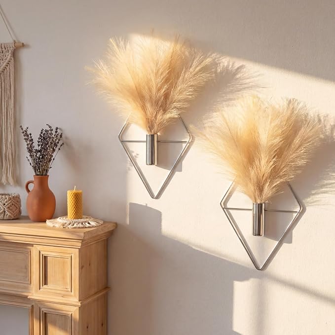 Canlierr 2 Pcs Hanging Planters Wall Decor for Indoor, Metal Vase | Artificial Plants Included Pampas Grass, Geometric Boho Wall Art, Bathroom Bedroom Living Room Decor, Metal Holders by Canlierr