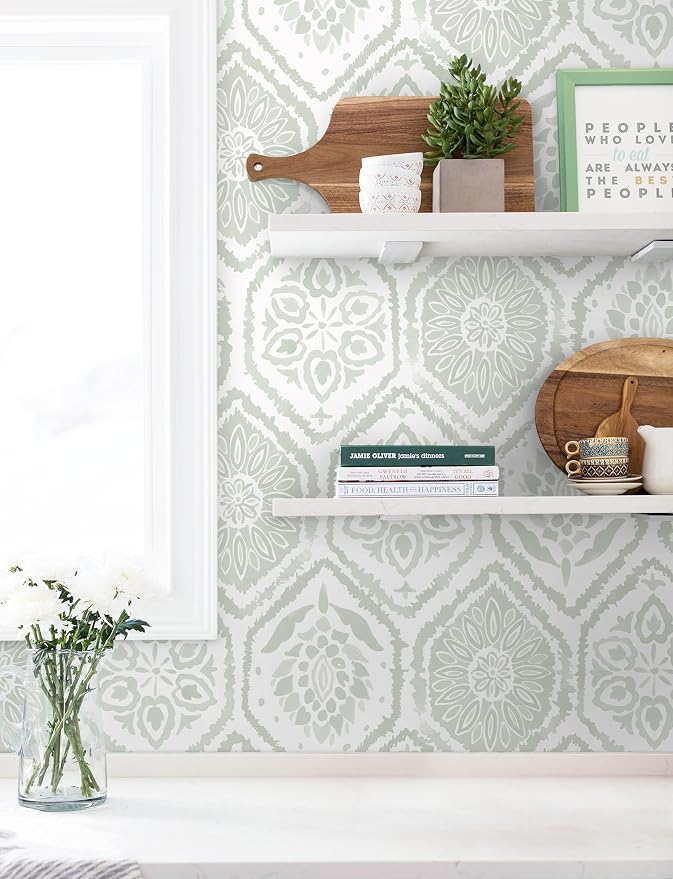 HeloHo 17.3" X 197" Peel and Stick Wallpaper Green Contact Paper Boho Wall Paper Modern Geometric Removable Self Adhesive Wallpapers for Bedroom Bathroom Cabinet Waterproof Decor Vinyl Rolls - Image 6