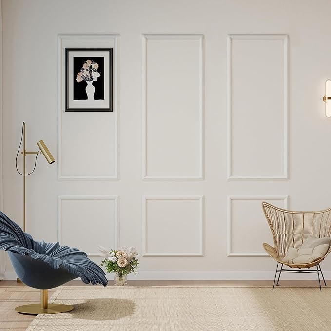 JBER Peel and Stick Wall Molding Kit, 6 Pre-Cut Wainscoting Panels | Ready-to-assemble pre-cut molding, 3D trim panels for interior wall décor, living room & bedroom, 3 top 3 bottom by JBER