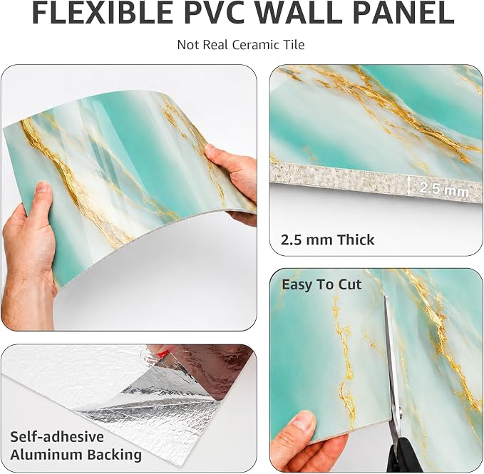 WADILE 20PC Waterproof Peel and Stick Wall Panels 11.8 x 11.8 Green | Marble look, Self adhesive, PVC Panels, Lightweight Foam Wall Panels, Bathroom, Kitchen, Not Real Tile - Image 9