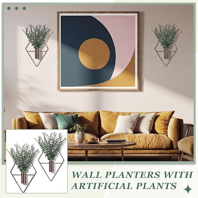Jexine 4 Pcs Hanging Artificial Planters Wall Decor, Bronze, Eucalyptus | Bathroom Wall Decor, Geometric Metal Vase, Indoor Plants, Living Room, Home Office, Entryway, Boho Accent, Wall Mounted - Image 6