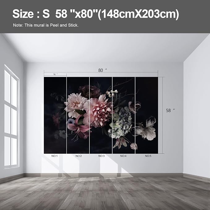 Black Peony Floral wall murals Peel and Stick self Adhesive Flowers Wallpaper for Bedroom Living Room - 58"x80" - Image 2
