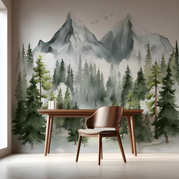 ASJ Forest Peel and Stick Wallpaper Mural, Watercolor Misty Mountain Blue | Seamless edge-to-edge match. Pine tree birds nature artwork, 98x62 in, premium fabric, bedroom living room. - Image 3