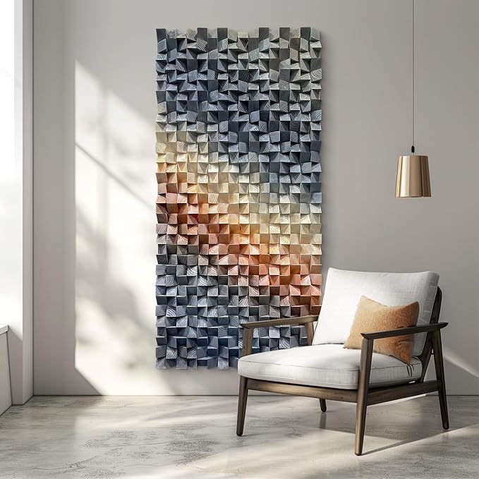 LIUZEYUE Statement-Size Modern Mosaic Wall Art, Sculptural Wood Grain | pine block wall sculpture; dark blue and warm bronze, shadow-casting facets; living room wide sofa backdrop; 35.4 x 70.9 in - Image 8