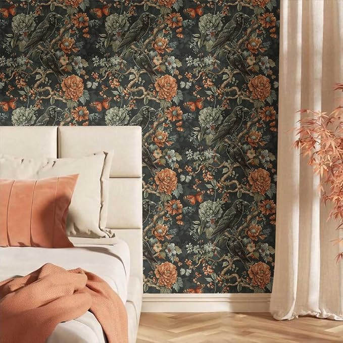18"x236" Gothic Dark Vintage Flower Birds Peel and Stick Self Adhesive Wallpaper Removable Contact Paper Stick on Easy Peel Off Wall Paper for Kitchen Bedroom Bathroom Renter - Image 2