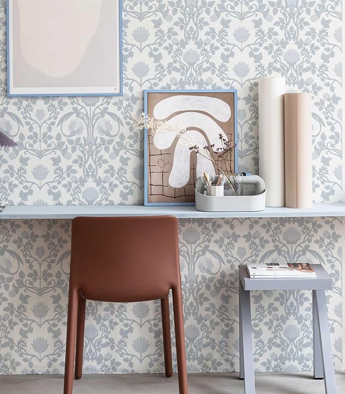 YXTII 590.5" × 17.3" Blue Floral Peel and Stick Wallpaper, Damask Vintage Wallpaper for Bedroom Bathroom Self Adhesive Removable - Image 6
