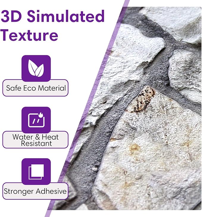 3D Peel and Stick Faux Stone Wall Panels 11.8" x 11.8" 10-Pack | Whitewash Grey, Stone-Look Textured Sticker, Thin Lightweight PVC Self Adhesive Wall Tile for Interior Decor, Cover 9.7 sq ft - Image 3