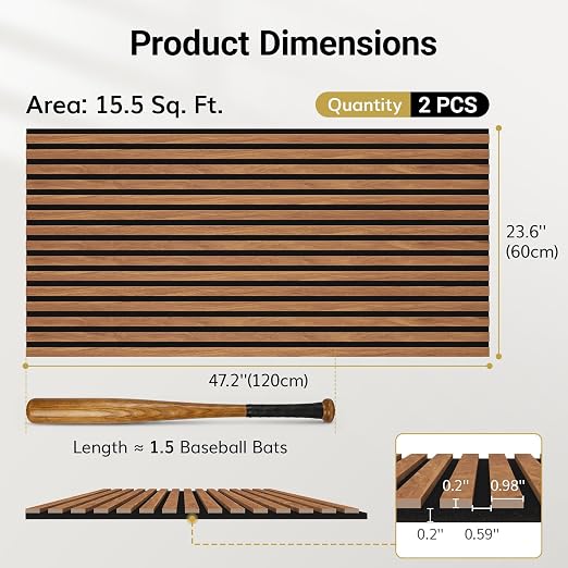 TONOR Wood Wall Panels for Interior Wall Decor, 2 Pack 47.2" x 23.6"(15.47ft²) Wood Slat Aacoustic Panels, Soundproof Wall Panels for Noise Cancelling and Decoration, Living Room, Office, Dark Teak - Image 4