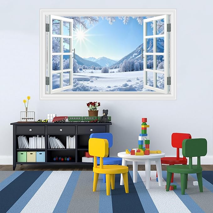 Fake Window Wall Decal- Winter Sunshine Snow Mountains Open Wall Sticker | Faux Window Conifer Forest Snowfield Landscape Mural｜Stick and Peel Wall Decals｜for Home Scene Decor｜48"x32",Set of 2 Sheets - Image 7