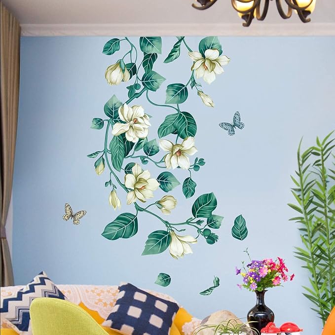 LiveGallery Removable Vinyl Fresh Green Leaf and White Flower Wall Sticker Murals Kids Girls Bedroom Nursery Rooms Wall Decals 3D Peel and Stick Decor for Home Living Room Offices Wall Corner - Image 6