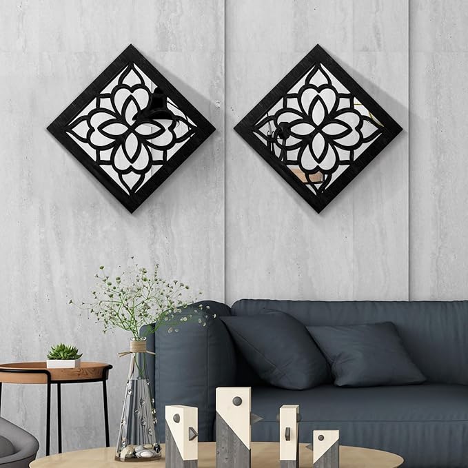 2 PCS Square Wall Mirror,Rustic Farmhouse Wall Mirrors,12 inch Small Mirror Art (style2 Black) - Image 2