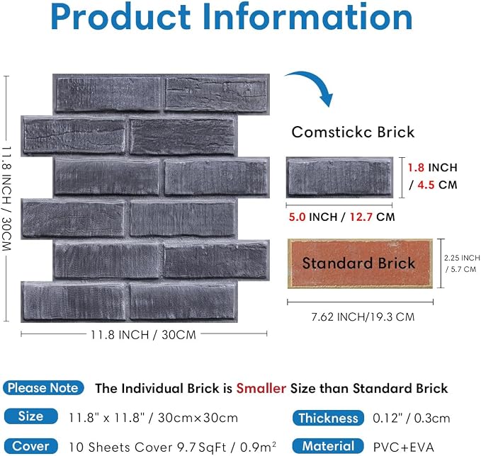 COMSTICKC 3D Faux Brick Wall Panels Peel and Stick, 10 Pcs 11.8" x 11.8" | Not Real Brick, Lightweight PVC Brick Sticker, Decorative Wall Wallpaper for Quick DIY Wall Upgrades, Cover 9.7 sq ft - Image 3