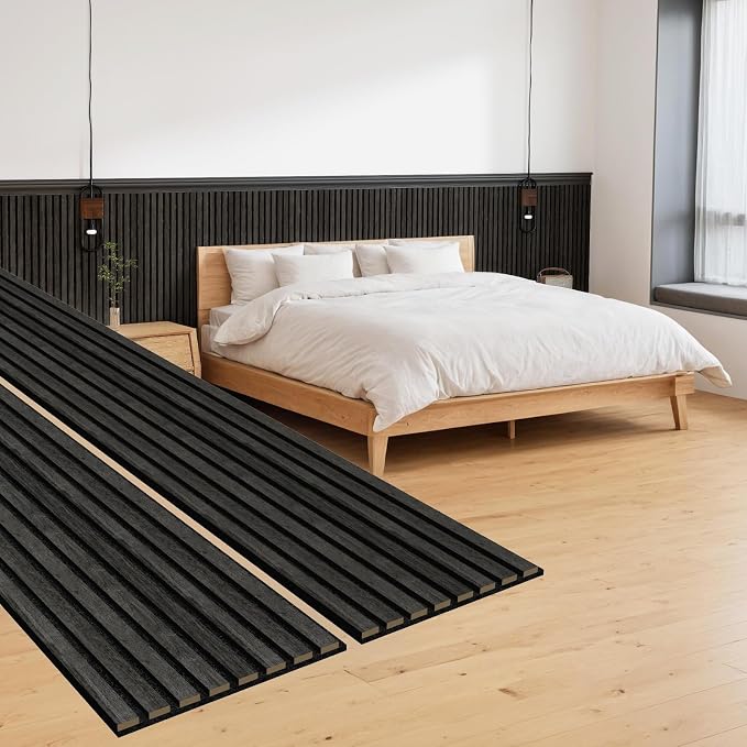 MISSDAY Wood Slat Acoustic Wall Panels, 2 Packs 47.2" x 12.6" Black Soundproof Panel For Interior Wall Decor Noise Absorbing-3D Textured Wooden Panel Sound-Absorbing for Home, Office, Studio by MISSDAY