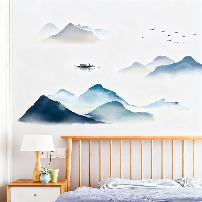 Chinese Style Vast Mountains and Rivers Wall Stickers Vinyl Removable for Mountain Wallpaper Bedroom Living Room Office Study Room Murals by BWLuonan