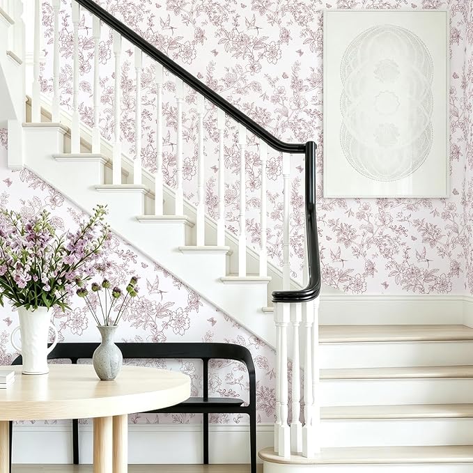 Froluya Floral Peel and Stick Wallpaper Vintage Red White 17.7in×118.1in | Red Floral Contact Paper Peel and Stick Boho Self Adhesive Wallpaper Flowers Birds Removable Wall Paper for Bathroom Decor - Image 6