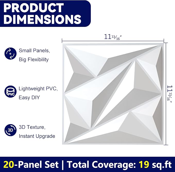 3D Wall Panels White PVC Wall Panels for Interior Decor 12"x12" | 3D White Wall Panels for Living Room, Bedroom, Gaming Room Decor, Lobby Office Accent Walls, 20 Pack Covers 19.Sq.Ft. - Image 3