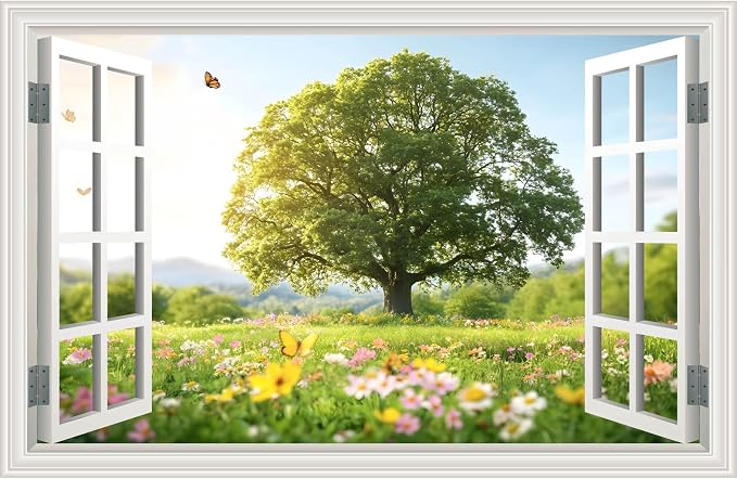 Fake Window Wall Sticker Decal Spring Green Grassland Tree Faux Window Flowers Poster Picture Open Wall Art Decor, Stick and Peel Landscape Natural Scenery Canvas Scene Mural,16"x24" by Clickhere