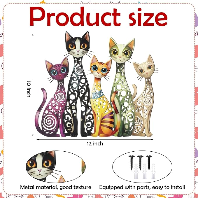 Wesiti Metal Cat Wall Decor Art 12x10 Inches Colorful Mid Century | Iron Wall Sculptures with Hollow Carved Design, For Cats Lovers, Living Room Bedroom Kitchen Office Decor, Retro Home Art - Image 2