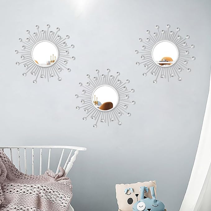 3 Pack Metal Mirrors for Wall Sunburst Wall Mirrors Home Décor Decorative Hanging Wall Art for Living Room Bedroom Entryway (Silver Crystal, Sunburst) - Image 3