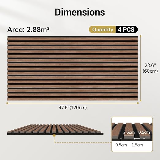 TONOR Wood Slatwall Panels, 4 Pack 47.2" x 23.6"/ 120 x60cm(31ft²) Acoustic Wall Panels, Wood Slat Acoustic Panels for Noise Cancelling and Home Decor, Living Room, Bedroom, Office, Room Decor, Walnut - Image 4