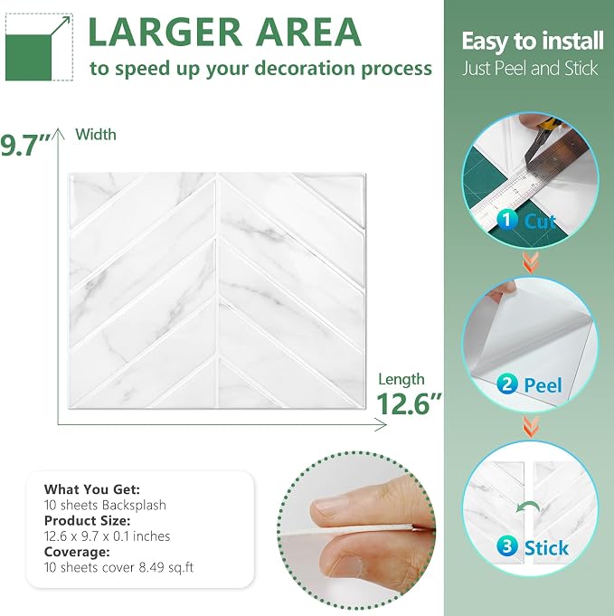 STICKGOO Herringbone Peel and Stick Backsplash, White Marble, 10 Sheets | 12.6 x 9.7 in, Thicker Rectangular Vinyl Stick-On Wall Tiles, Easy Alignment, Waterproof, Easy to Clean, Kitchen/Bathroom - Image 6